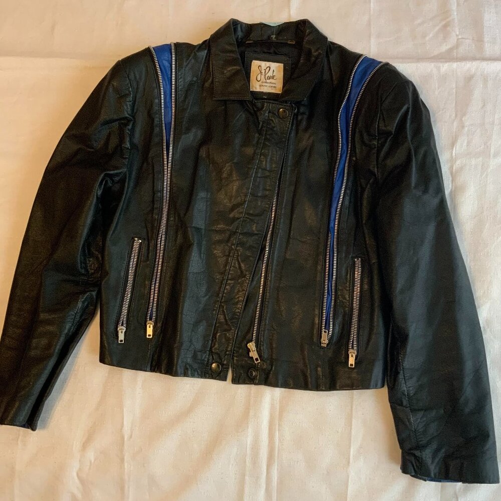 J Park black, blue leather jacket, medium size